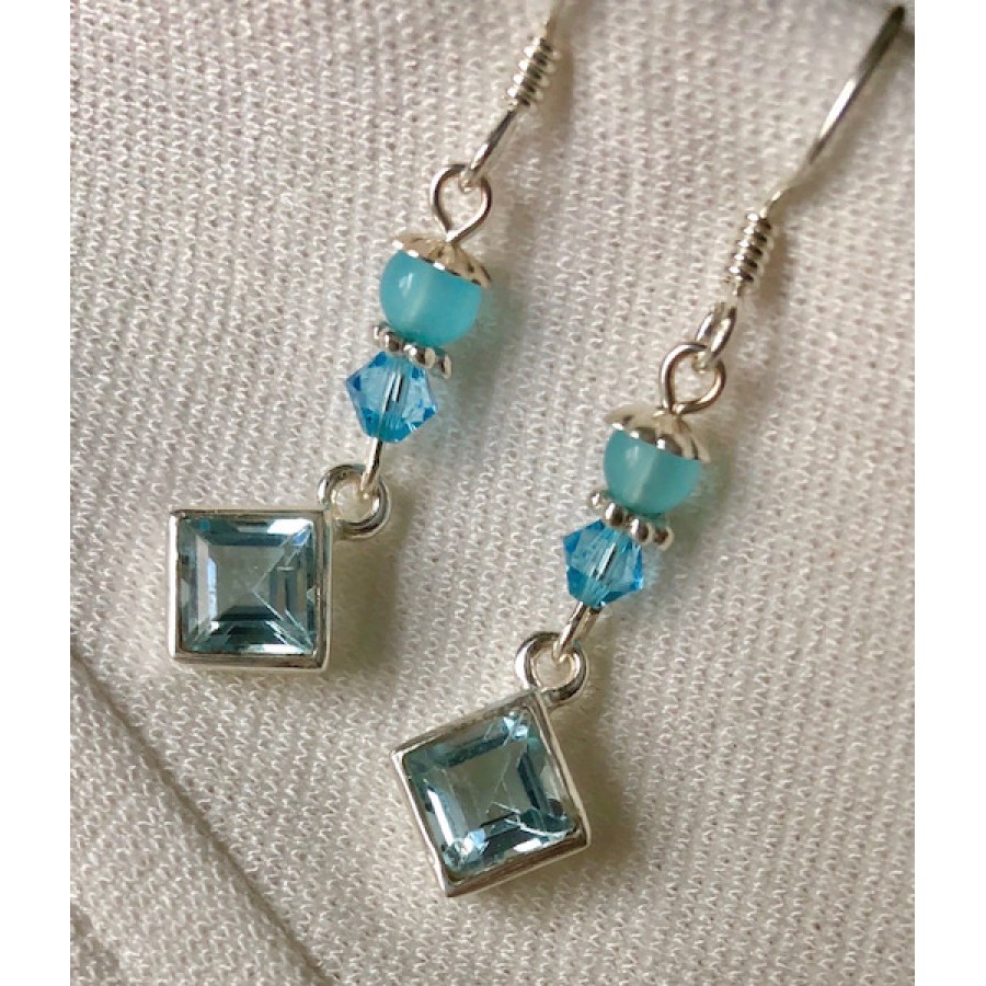 Set De Bijoux Argent 925 - Collier Et Boucles D'oreilles Topaze Bleu Ciel (pierres Créées), Cadeau élégant Pour Femme